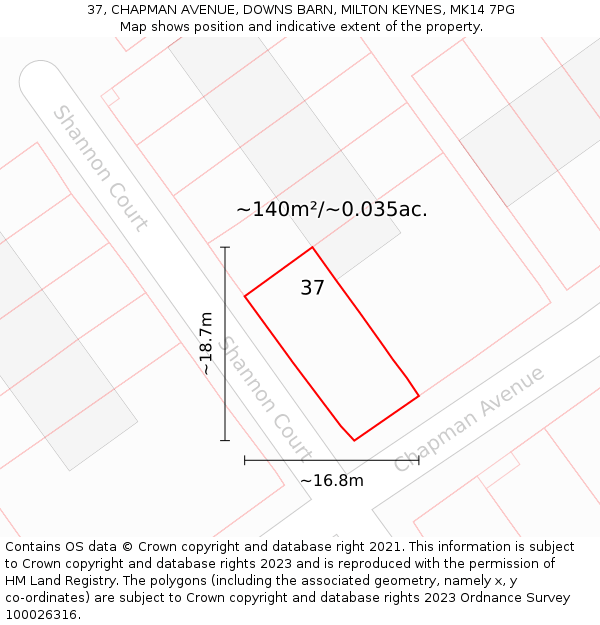 37, CHAPMAN AVENUE, DOWNS BARN, MILTON KEYNES, MK14 7PG: Plot and title map