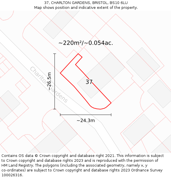37, CHARLTON GARDENS, BRISTOL, BS10 6LU: Plot and title map