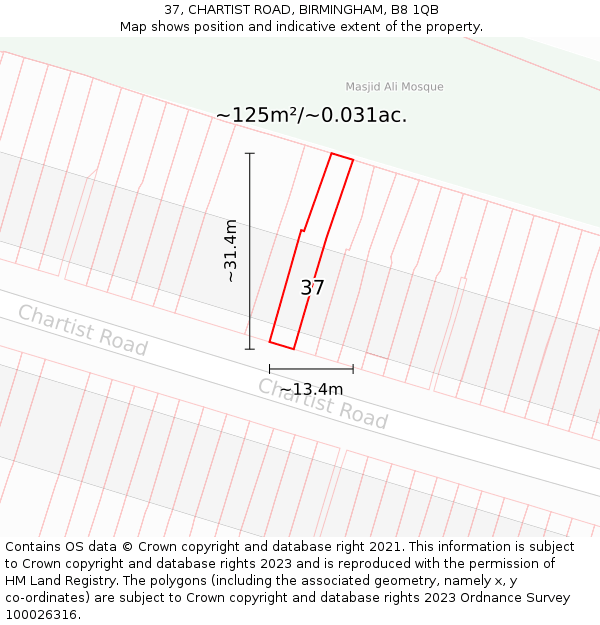 37, CHARTIST ROAD, BIRMINGHAM, B8 1QB: Plot and title map