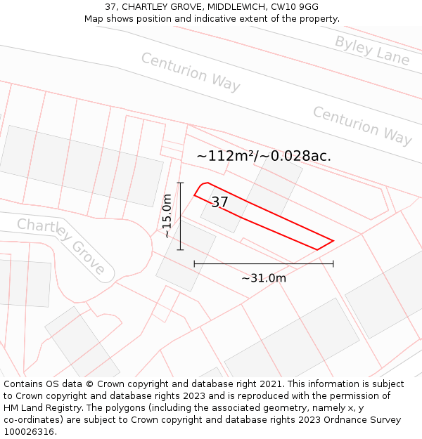 37, CHARTLEY GROVE, MIDDLEWICH, CW10 9GG: Plot and title map