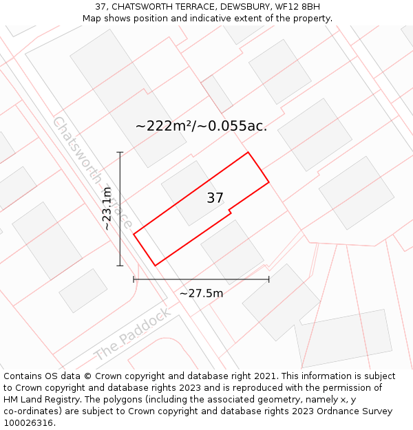 37, CHATSWORTH TERRACE, DEWSBURY, WF12 8BH: Plot and title map