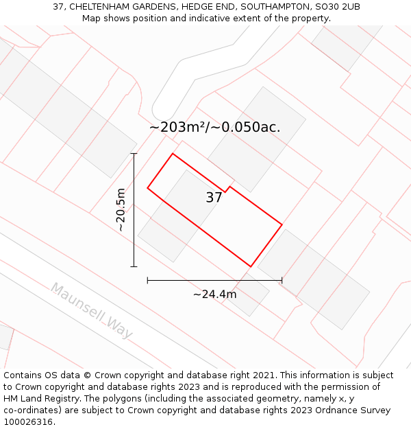 37, CHELTENHAM GARDENS, HEDGE END, SOUTHAMPTON, SO30 2UB: Plot and title map