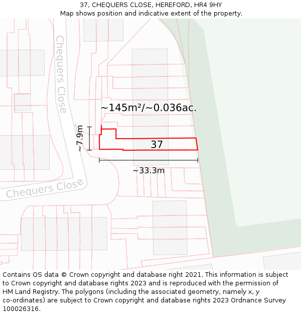 37, CHEQUERS CLOSE, HEREFORD, HR4 9HY: Plot and title map