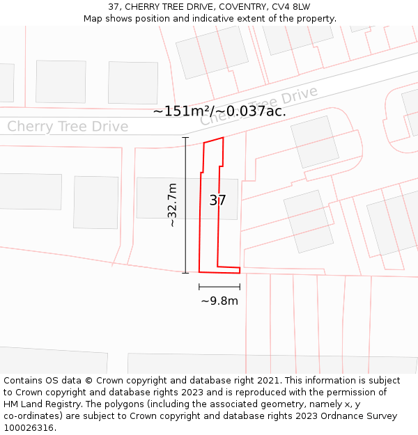 37, CHERRY TREE DRIVE, COVENTRY, CV4 8LW: Plot and title map