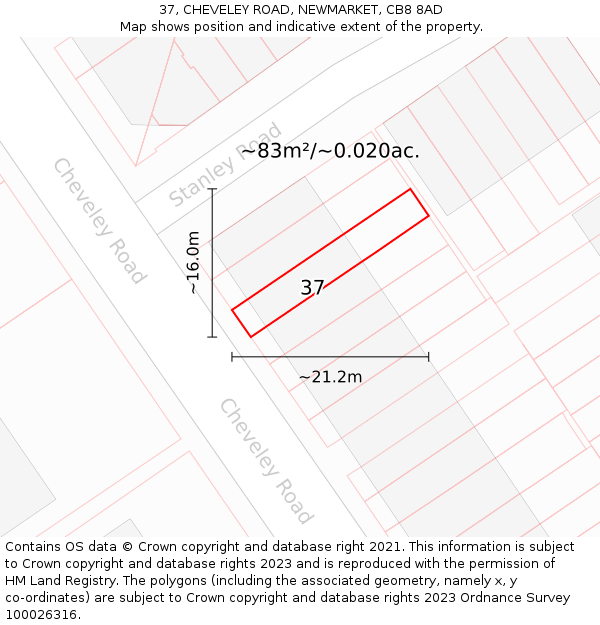 37, CHEVELEY ROAD, NEWMARKET, CB8 8AD: Plot and title map