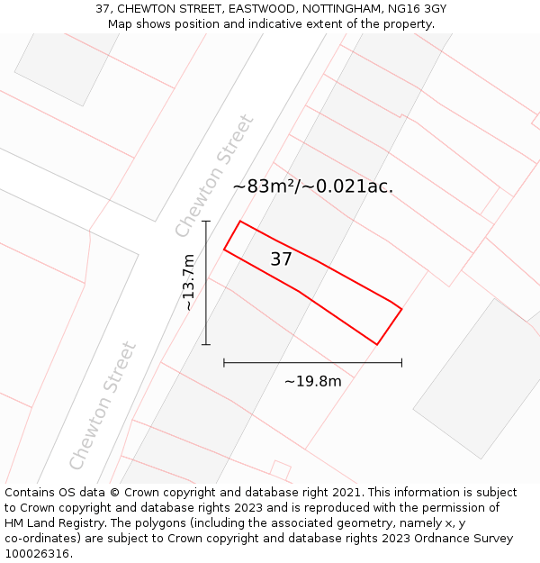 37, CHEWTON STREET, EASTWOOD, NOTTINGHAM, NG16 3GY: Plot and title map