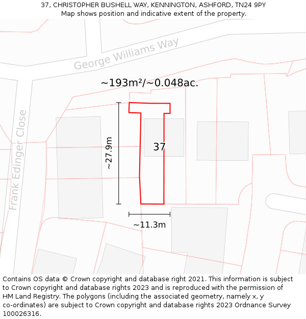 37, CHRISTOPHER BUSHELL WAY, KENNINGTON, ASHFORD, TN24 9PY: Plot and title map