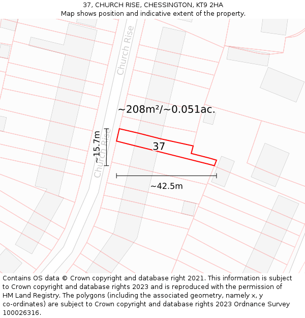 37, CHURCH RISE, CHESSINGTON, KT9 2HA: Plot and title map