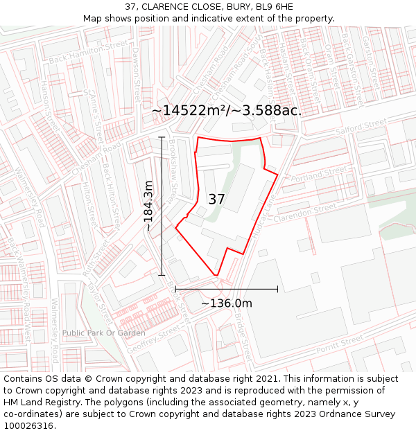 37, CLARENCE CLOSE, BURY, BL9 6HE: Plot and title map