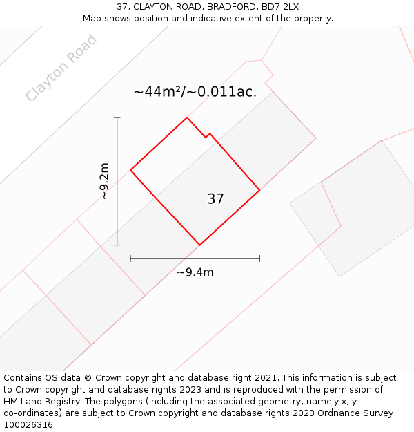 37, CLAYTON ROAD, BRADFORD, BD7 2LX: Plot and title map
