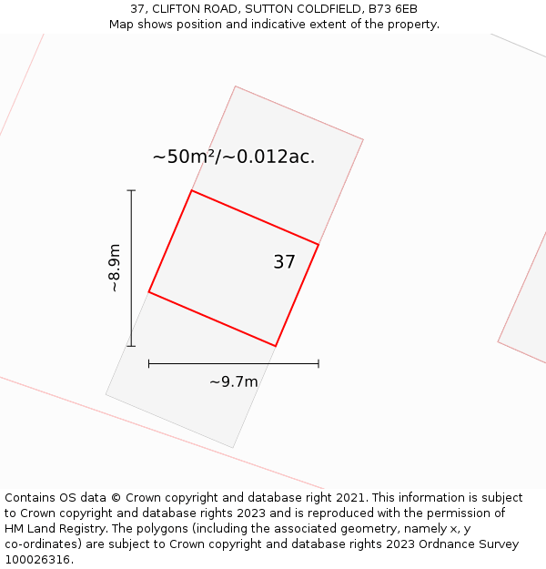 37, CLIFTON ROAD, SUTTON COLDFIELD, B73 6EB: Plot and title map
