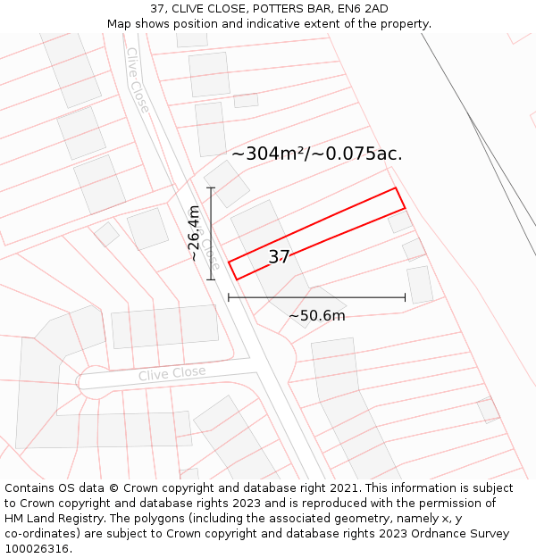 37, CLIVE CLOSE, POTTERS BAR, EN6 2AD: Plot and title map