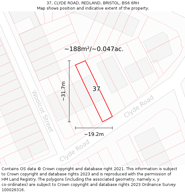 37, CLYDE ROAD, REDLAND, BRISTOL, BS6 6RH: Plot and title map