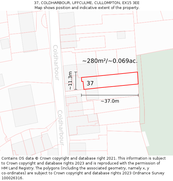 37, COLDHARBOUR, UFFCULME, CULLOMPTON, EX15 3EE: Plot and title map