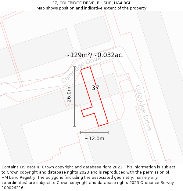 37, COLERIDGE DRIVE, RUISLIP, HA4 8GL: Plot and title map
