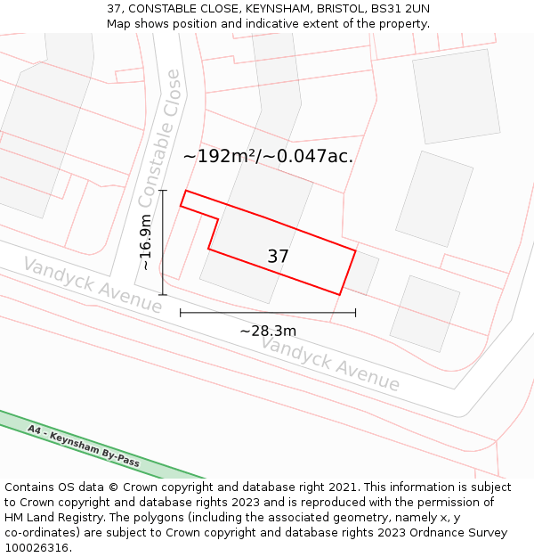 37, CONSTABLE CLOSE, KEYNSHAM, BRISTOL, BS31 2UN: Plot and title map