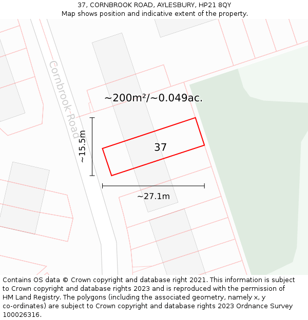 37, CORNBROOK ROAD, AYLESBURY, HP21 8QY: Plot and title map