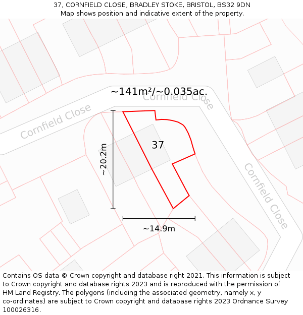 37, CORNFIELD CLOSE, BRADLEY STOKE, BRISTOL, BS32 9DN: Plot and title map