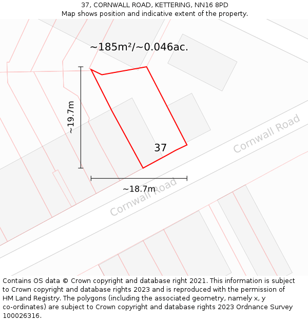 37, CORNWALL ROAD, KETTERING, NN16 8PD: Plot and title map