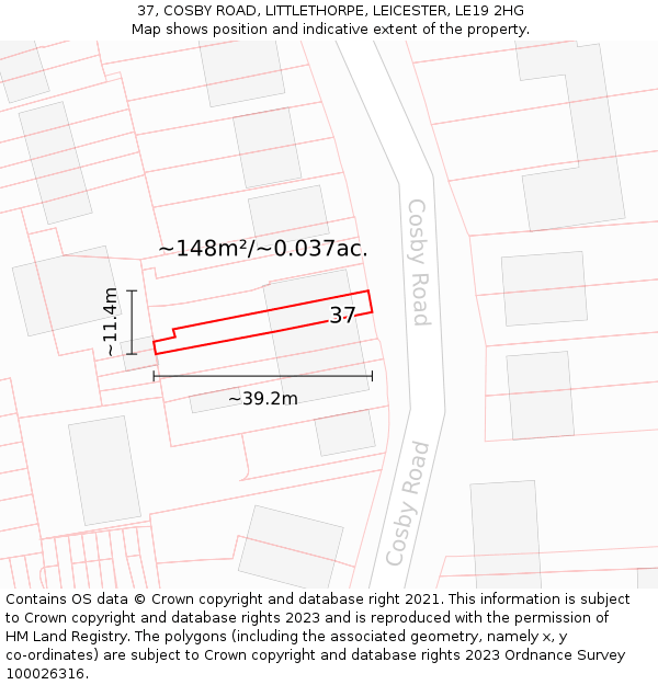 37, COSBY ROAD, LITTLETHORPE, LEICESTER, LE19 2HG: Plot and title map