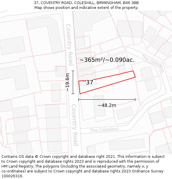 37, COVENTRY ROAD, COLESHILL, BIRMINGHAM, B46 3BB: Plot and title map
