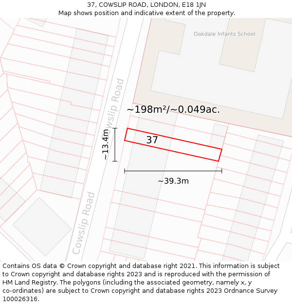 37, COWSLIP ROAD, LONDON, E18 1JN: Plot and title map