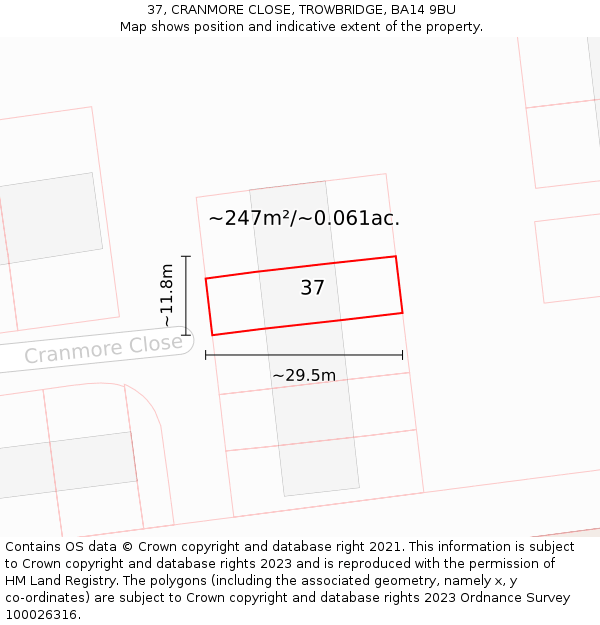 37, CRANMORE CLOSE, TROWBRIDGE, BA14 9BU: Plot and title map