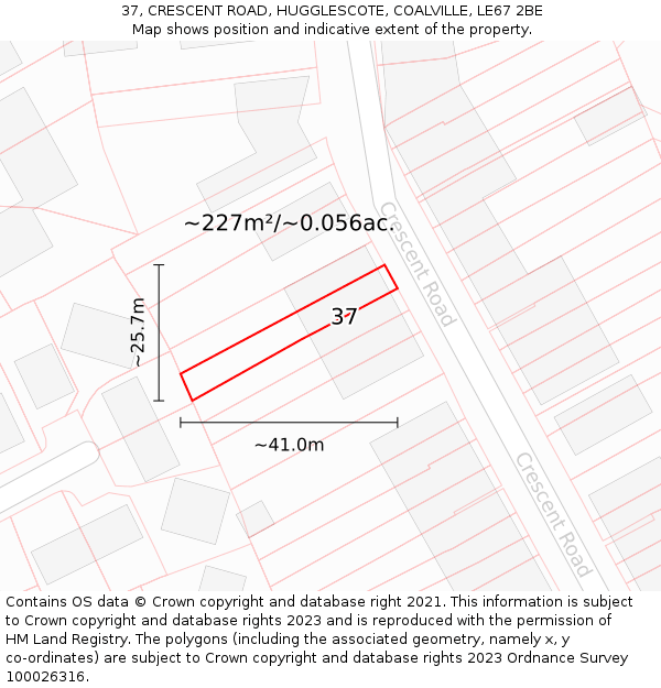 37, CRESCENT ROAD, HUGGLESCOTE, COALVILLE, LE67 2BE: Plot and title map