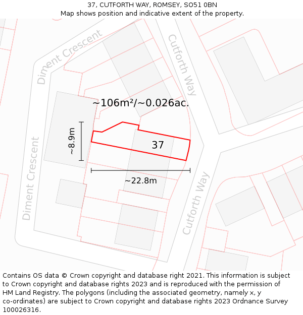 37, CUTFORTH WAY, ROMSEY, SO51 0BN: Plot and title map