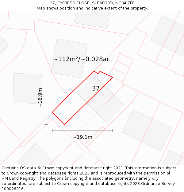 37, CYPRESS CLOSE, SLEAFORD, NG34 7FP: Plot and title map