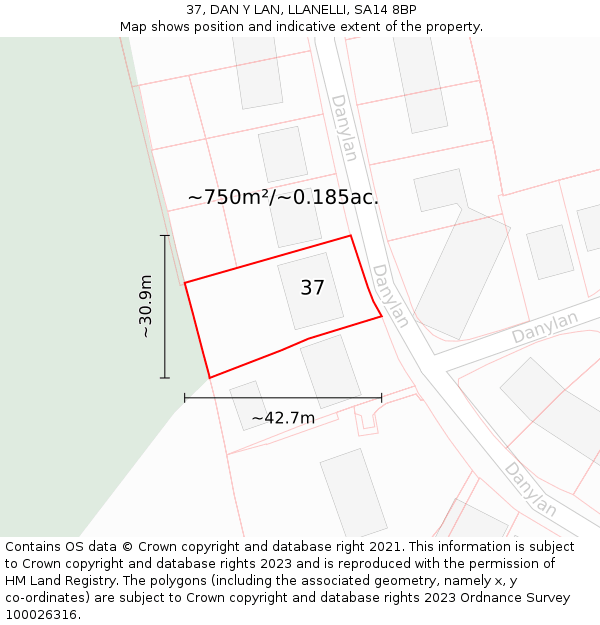37, DAN Y LAN, LLANELLI, SA14 8BP: Plot and title map