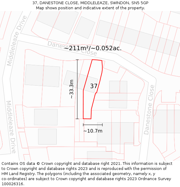 37, DANESTONE CLOSE, MIDDLELEAZE, SWINDON, SN5 5GP: Plot and title map