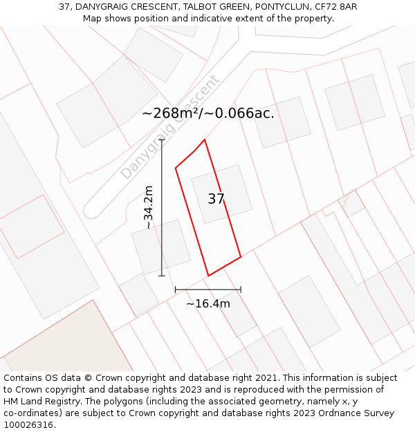 37, DANYGRAIG CRESCENT, TALBOT GREEN, PONTYCLUN, CF72 8AR: Plot and title map