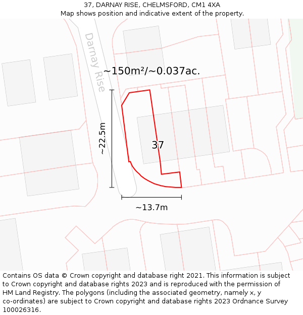 37, DARNAY RISE, CHELMSFORD, CM1 4XA: Plot and title map