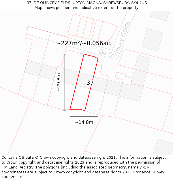37, DE QUINCEY FIELDS, UPTON MAGNA, SHREWSBURY, SY4 4US: Plot and title map
