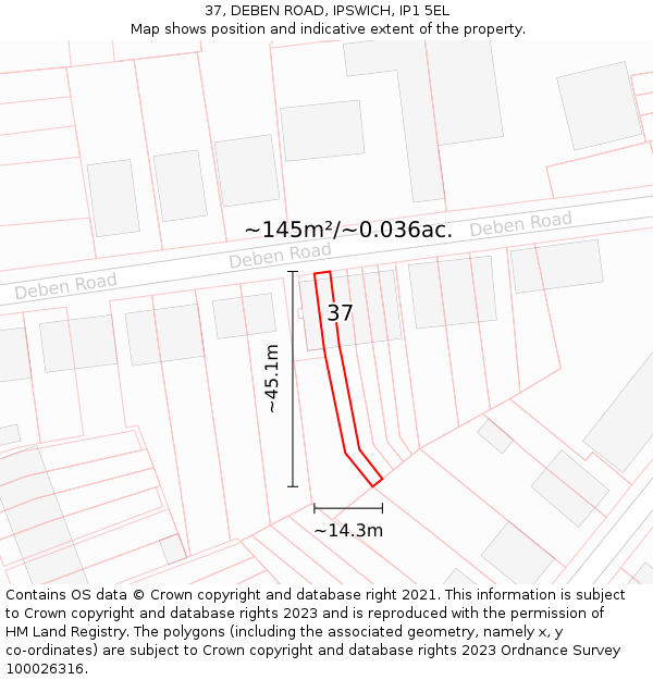 37, DEBEN ROAD, IPSWICH, IP1 5EL: Plot and title map