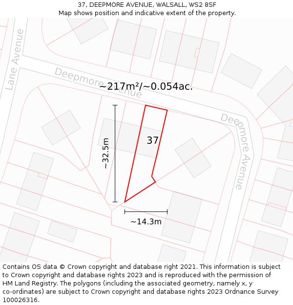 37, DEEPMORE AVENUE, WALSALL, WS2 8SF: Plot and title map