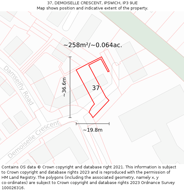 37, DEMOISELLE CRESCENT, IPSWICH, IP3 9UE: Plot and title map