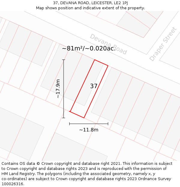 37, DEVANA ROAD, LEICESTER, LE2 1PJ: Plot and title map