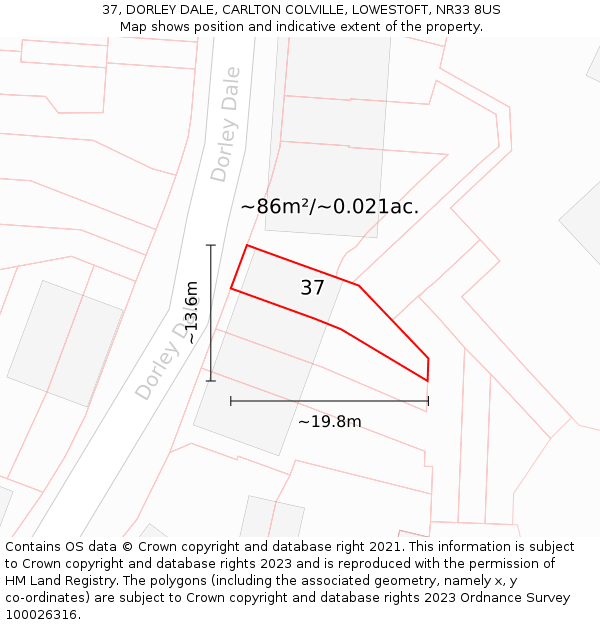 37, DORLEY DALE, CARLTON COLVILLE, LOWESTOFT, NR33 8US: Plot and title map