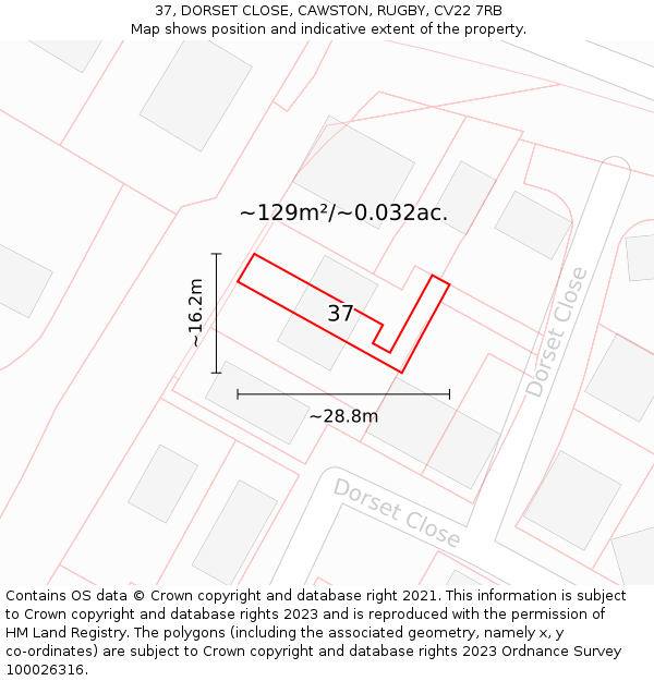 37, DORSET CLOSE, CAWSTON, RUGBY, CV22 7RB: Plot and title map
