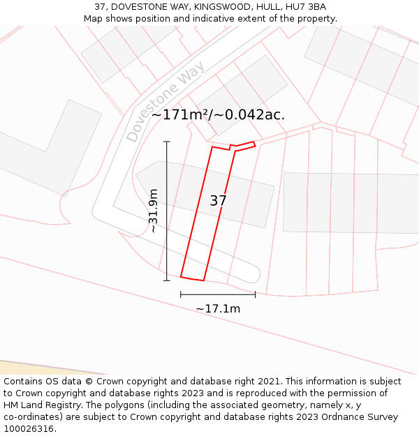 37, DOVESTONE WAY, KINGSWOOD, HULL, HU7 3BA: Plot and title map