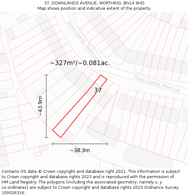 37, DOWNLANDS AVENUE, WORTHING, BN14 9HD: Plot and title map