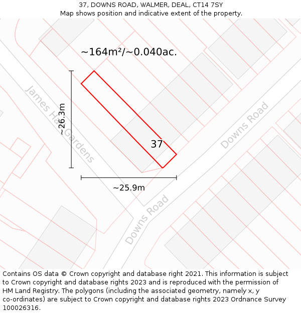 37, DOWNS ROAD, WALMER, DEAL, CT14 7SY: Plot and title map