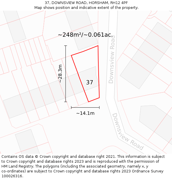 37, DOWNSVIEW ROAD, HORSHAM, RH12 4PF: Plot and title map