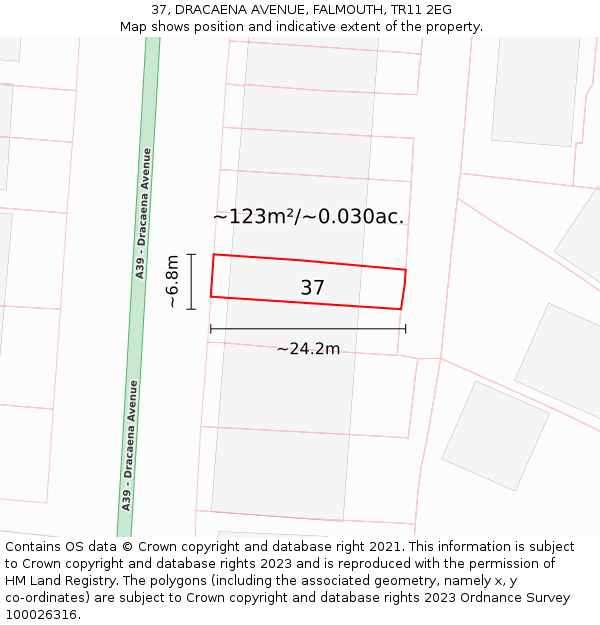 37, DRACAENA AVENUE, FALMOUTH, TR11 2EG: Plot and title map