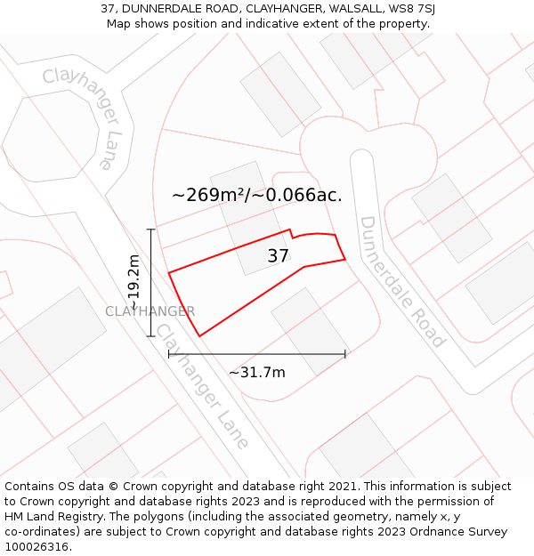 37, DUNNERDALE ROAD, CLAYHANGER, WALSALL, WS8 7SJ: Plot and title map