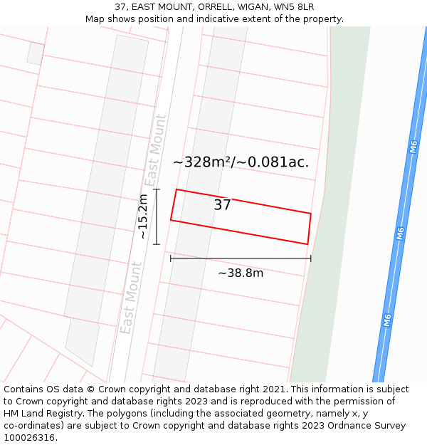 37, EAST MOUNT, ORRELL, WIGAN, WN5 8LR: Plot and title map