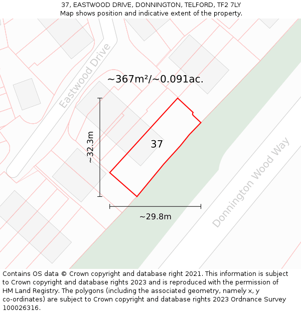 37, EASTWOOD DRIVE, DONNINGTON, TELFORD, TF2 7LY: Plot and title map