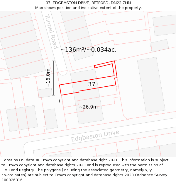 37, EDGBASTON DRIVE, RETFORD, DN22 7HN: Plot and title map